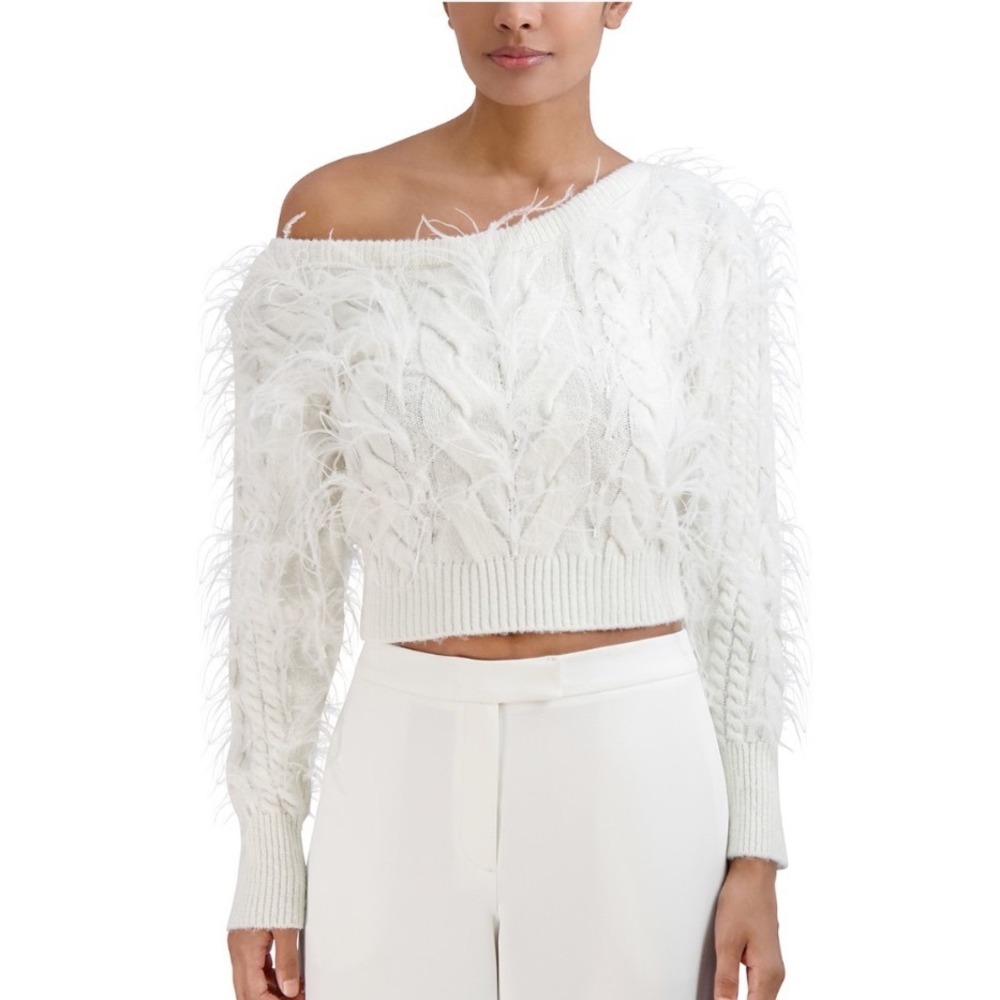 BCBGMAXAZRIA Feathered Cable Knit Sweater Gardenia White Off Shoulder Small